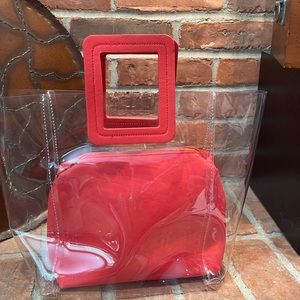 Certified Vegan see through tote with separate clutch. Clear and coral.